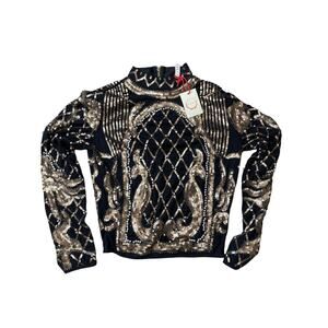 Raga Womens Sequined, beaded zip up sweater, Black Gold, Medium, NWT